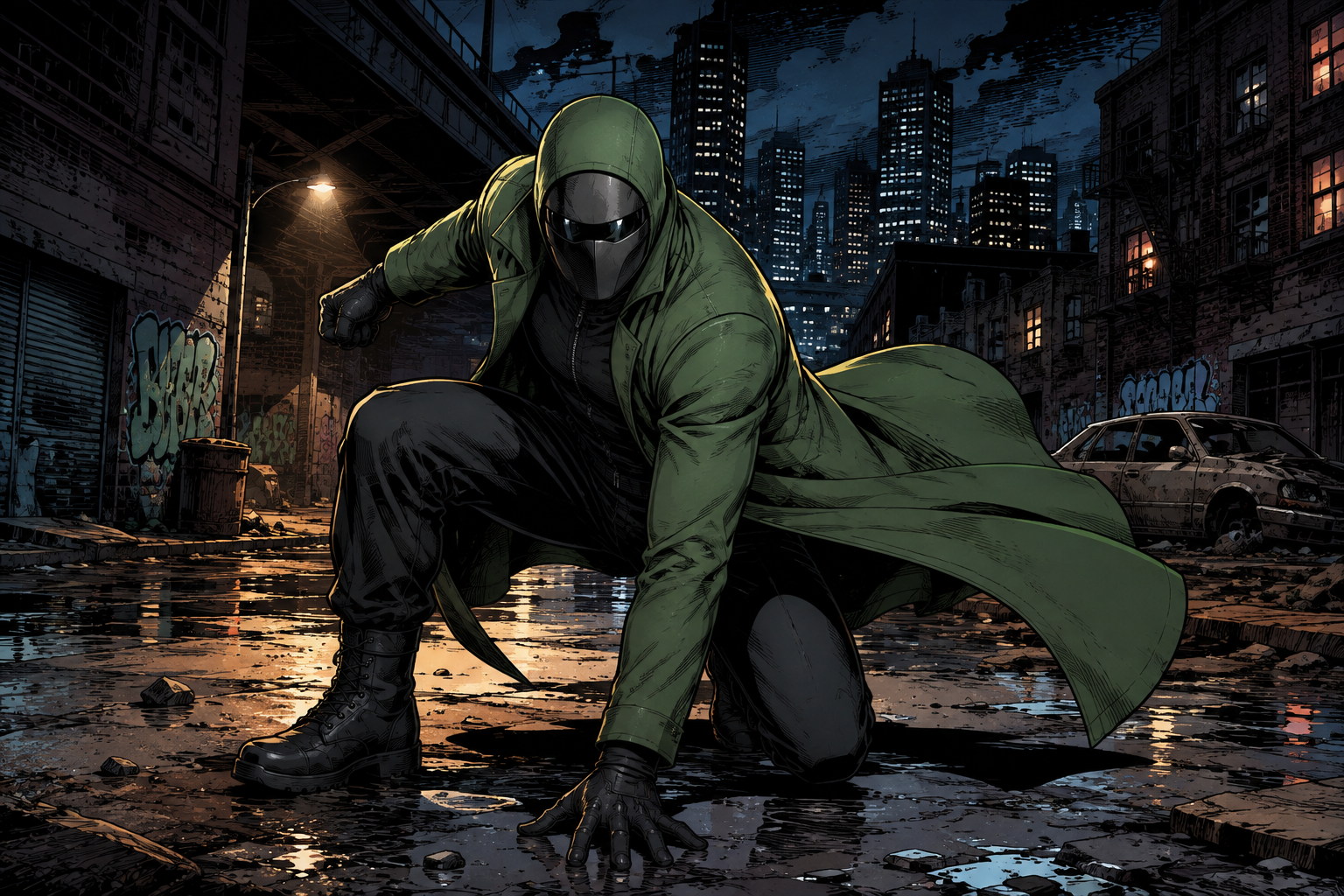 Bungleton crouched on a rain-slick Bronzeport street at night in a green hooded cloak